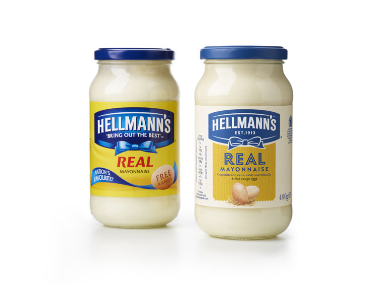 Hellmann 的品牌包裝設計,藍絲帶標志,手繪字體