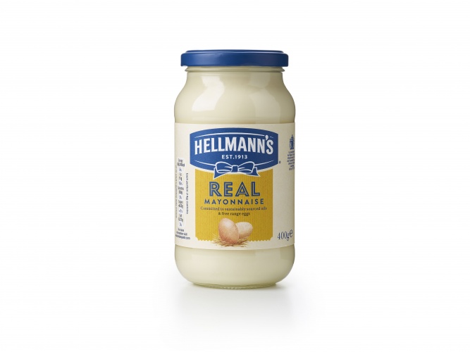Hellmann 的品牌包裝設計,藍絲帶標志,手繪字體